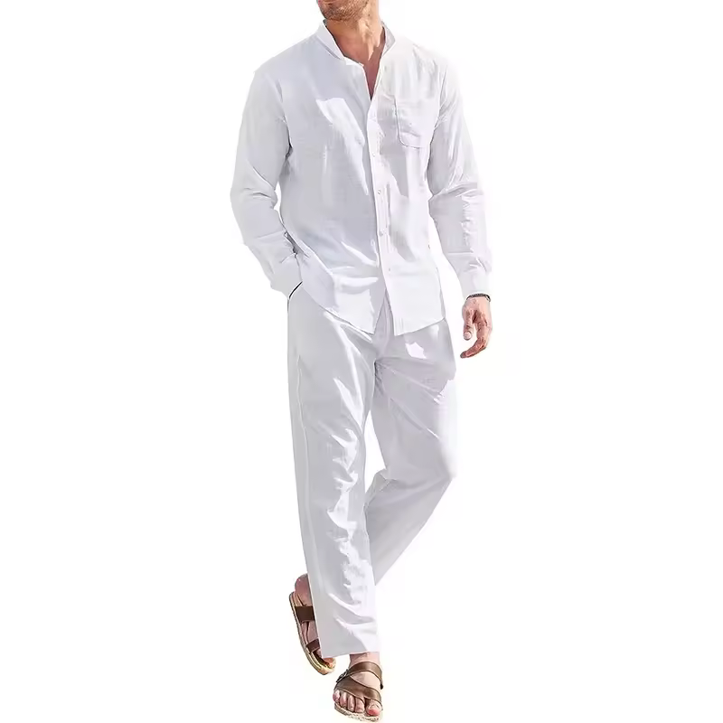 Casual Cotton Linen Men Two Piece Set Autumn Solid Color Long Sleeve Shirt and Long Pant Set Holiday Beach Loose Mens Outfits
