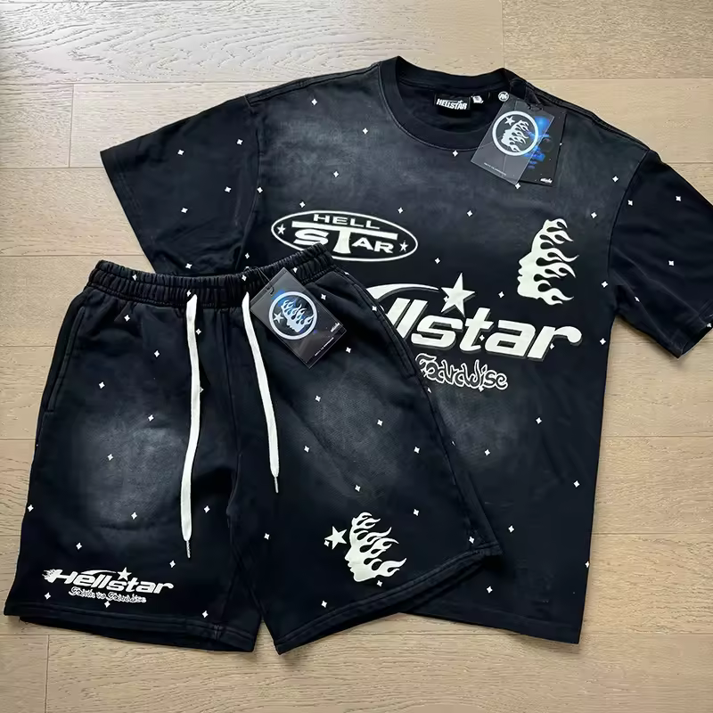 Stock Hell Star T-Shirt Set Oversized Hip-hop Streetwear Distressed Vintage Washed Cotton Tee Short Sleeve Sets Men's T-Shirts