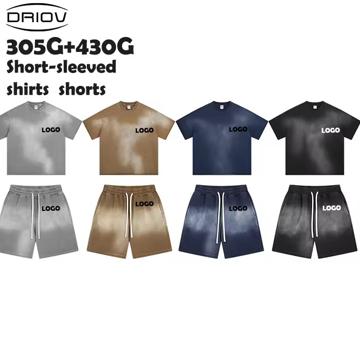 2026 305gsm Washed Vintage American Streetwear Men's Short Sleeve Shorts Set Distressed Custom Logo Casual Outdoor Travel Set