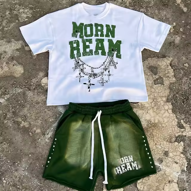 Wholesale High Quality Screen Printed Custom Men's Vintage Washed Acid Wash Sweat Shorts T Shirts and Shorts Set for Men