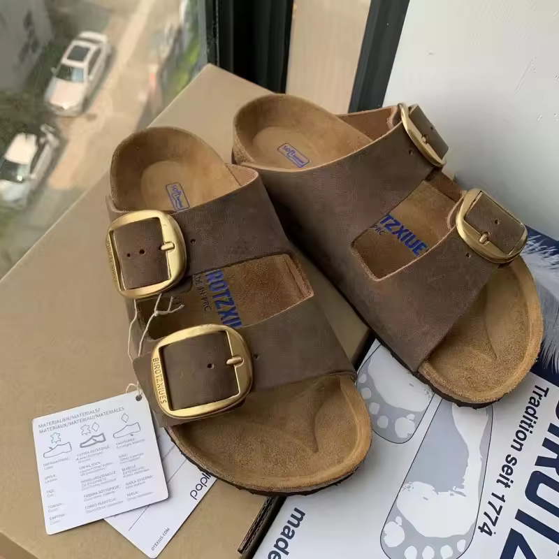 Buckle Double Strap Cork Sandals - Summer Retro Couple Style, Genuine Leather Cork Double Lazy Open-Toe Sandals and Slippers