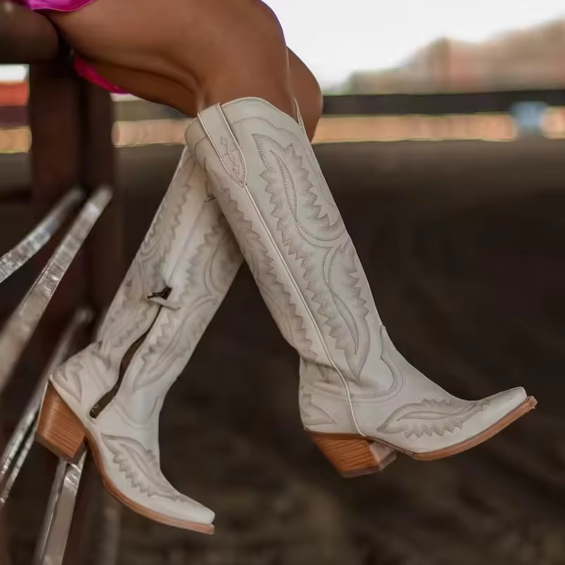 SHIKOL Knee High Boots Classic Embroidery Womens Western Boots Brown White Leather Party Wedding Outdoor Cowboy Boots for Women