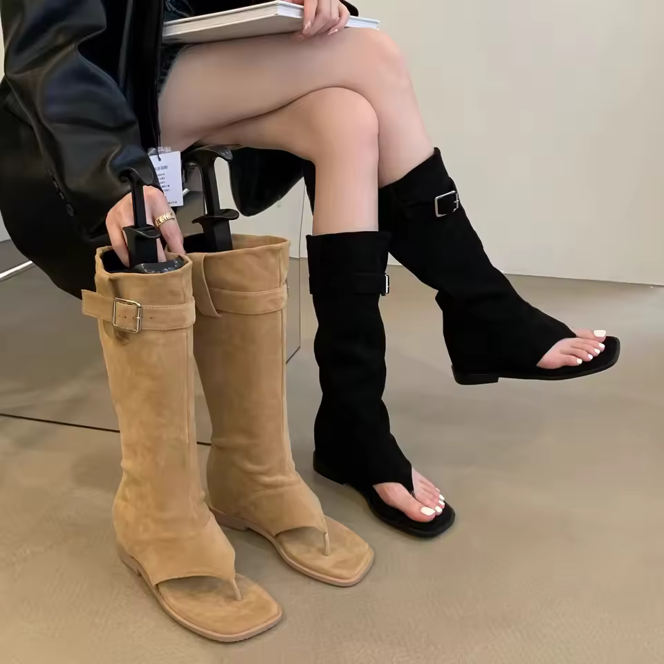 Two in One Herringbone Toe Suede Pleated Cool Boots 2024 New Western Cowboy Boots Spicy Girl Pants Long Boots Sandals Women