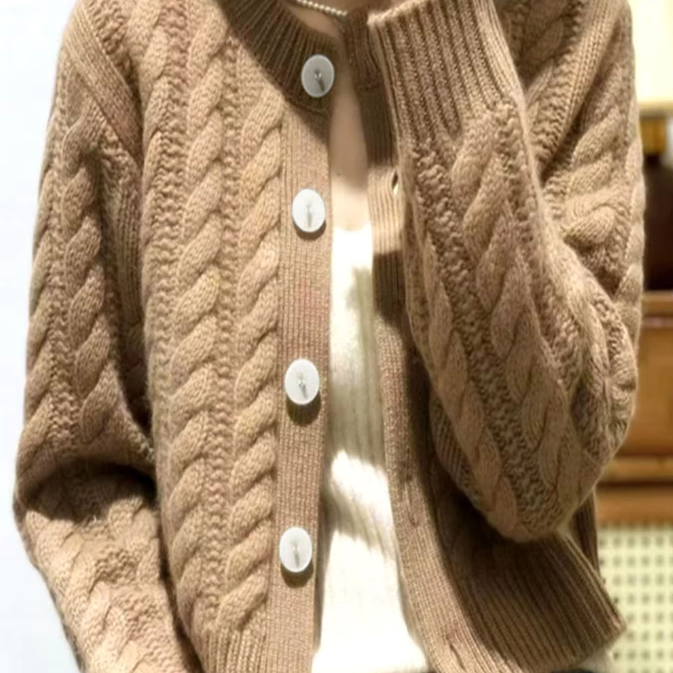 Women Solid Color Round Neck Button Cardigan Sweater