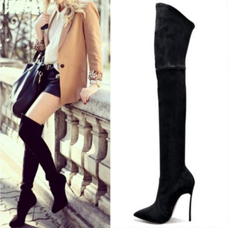 HYG Women Western Pointed Toe Stiletto Over-the-Knee Boots Lightweight Slip-On Patchwork Sexy Autumn Winter
