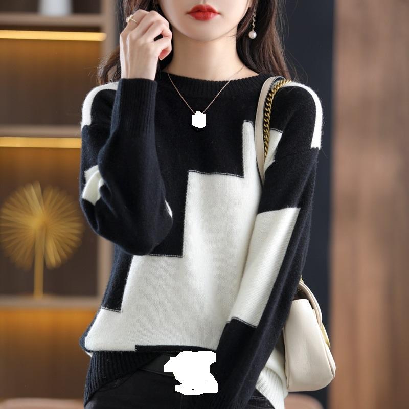Women Color Block Knit Sweater Crew Neck Long Sleeve Cotton Pullover Casual
