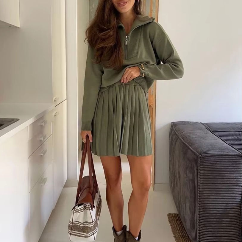 Women Chiffon Zipper Long Sleeve Top Skirt Two-Piece Set